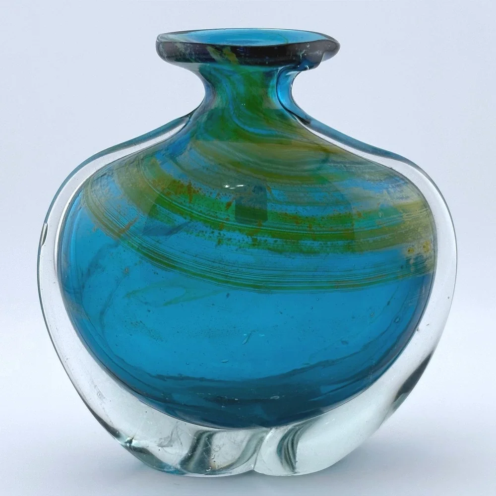 Mdina Glass Malta Turquoise Blue Swirl Art Glass Vase Signed